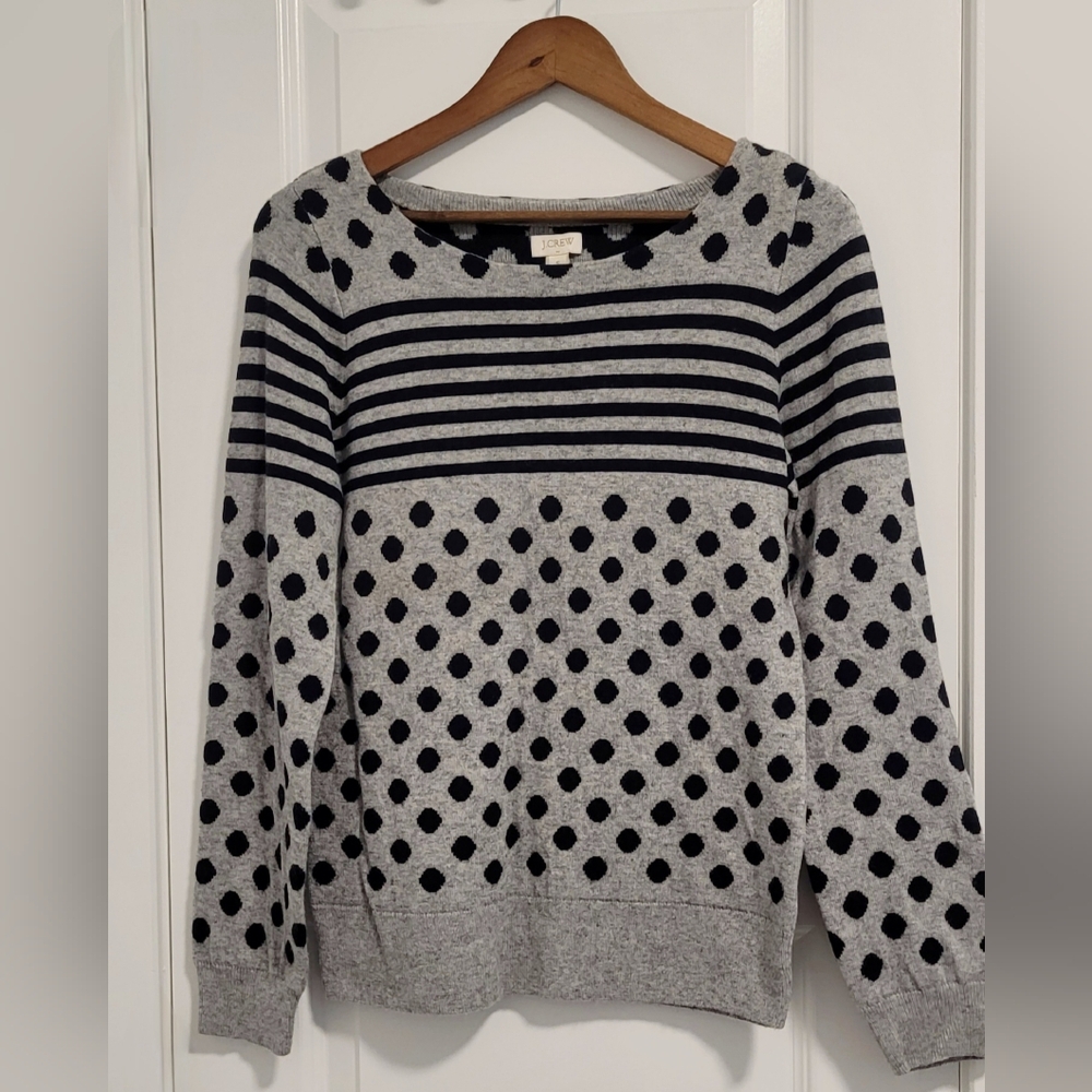 J. Crew Gray and Black Striped Polka Dot Sweater S